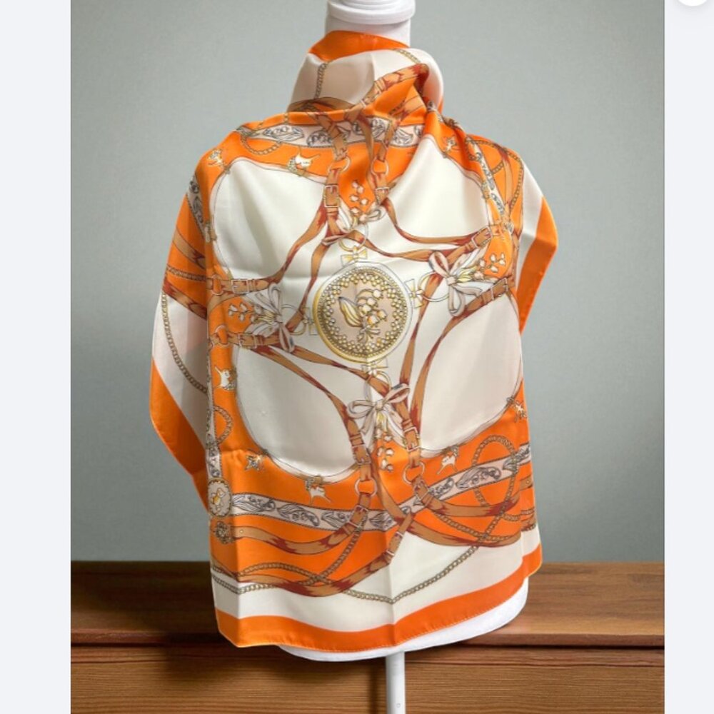 Luxury Orange & White Scarf With Golden Chain Print 27 x 27 inch